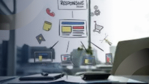 Ilustrasi konsep responsif oleh developer website, menampilkan desain yang terhubung ke berbagai perangkat seperti laptop, tablet, dan smartphone.