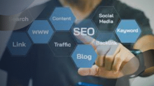 Ilustrasi jasa website development dengan konsep SEO, backlink, konten, dan media sosial untuk meningkatkan traffic dan peringkat website.
