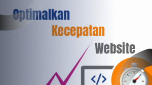 Ilustrasi jasa website development yang menampilkan pesan optimalkan kecepatan website dengan ikon stopwatch dan elemen desain grafis.