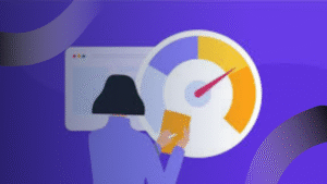 Ilustrasi jasa website development dengan orang memantau kecepatan situs menggunakan grafik kecepatan berwarna.