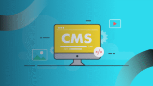 Ilustrasi komputer dengan layar berwarna kuning bertuliskan CMS, dikelilingi ikon gambar, video, dan kode HTML, menggambarkan konsep Maintenance Website dan pengelolaan konten secara teknis.