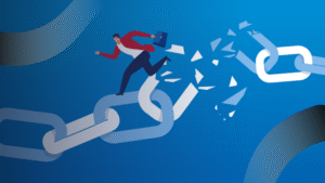 Ilustrasi rantai putus dengan seseorang berlari di atasnya, menggambarkan risiko kerusakan tanpa Maintenance Website yang rutin.
