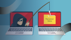 Ilustrasi serangan phishing yang mengancam keamanan website, menampilkan peretas mencuri data pribadi menggunakan pancing dari laptop lain.