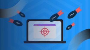 Ilustrasi serangan DDoS yang mengancam keamanan website, digambarkan dengan bom bertuliskan "DDoS" menghantam laptop yang menjadi target.