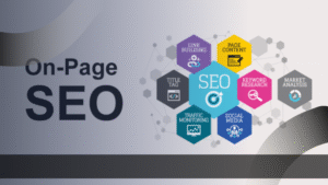 Ilustrasi On-Page SEO dengan elemen penting termasuk social media, menunjukkan peran tim sosial media yang handal dalam mendukung strategi SEO.