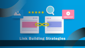 Ilustrasi dua halaman website yang terhubung dengan ikon rantai, simbol bintang, pencarian, gambar, dan video yang melambangkan strategi link building sebagai bagian dari optimasi website.