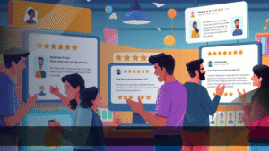 Ilustrasi orang-orang membaca dan memberikan ulasan bintang lima pada layar digital, menggambarkan pentingnya review pengguna dalam optimasi website untuk meningkatkan reputasi dan kepercayaan online.
