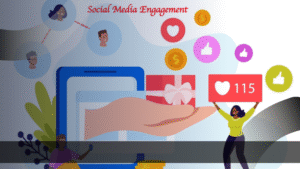 Ilustrasi Optimasi Google lewat social media engagement dengan ikon like, love, dan hadiah digital.