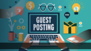 Ilustrasi digital marketing Jakarta menunjukkan tangan mengetik di laptop dengan tulisan "Guest Posting" di layar, dikelilingi ikon uang, lampu ide, dan simbol komunikasi digital, menggambarkan strategi SEO Off Page untuk bisnis di Jakarta