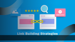 Ilustrasi strategi link building dengan ikon tautan antar website, bintang rating, dan elemen pencarian, menggambarkan solusi digital marketing Jakarta untuk meningkatkan SEO.