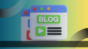 Ilustrasi ikon blog dengan desain modern berwarna hijau dan biru, melambangkan konten blog sebagai solusi digital marketing Jakarta untuk meningkatkan visibilitas bisnis online.