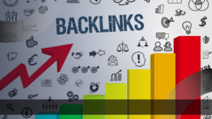 grafik batang berwarna dan panah merah naik dengan kata "Backlinks", mewakili strategi digital marketing efektif Jakarta untuk meningkatkan peringkat dan trafik bisnis.