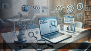 Ilustrasi laptop di atas meja kantor dengan tampilan guest posting, SEO, dan backlinks, menggambarkan strategi digital marketing efektif Jakarta untuk meningkatkan visibilitas online.