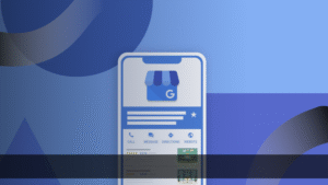 Ilustrasi tampilan Google Bisnisku di layar ponsel dengan latar biru, menggambarkan strategi digital marketing efektif Jakarta untuk meningkatkan visibilitas bisnis lokal.