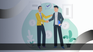 Ilustrasi dua pria berjabat tangan sebagai simbol kerja sama bisnis, merepresentasikan keberhasilan strategi digital marketing efektif Jakarta dalam menjalin kemitraan profesional.