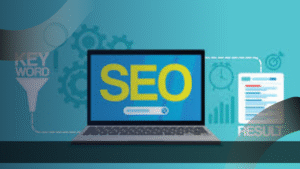 Ilustrasi konsep SEO dengan kata kunci, laptop, grafik, dan hasil pencarian sebagai bagian dari solusi digital lengkap untuk bisnis.