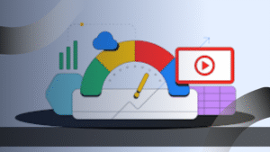 Ilustrasi visual solusi digital lengkap untuk bisnis dengan elemen data, cloud, dan video.