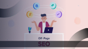 Ilustrasi seorang marketing specialist sedang bekerja dengan laptop di depan meja. Di sekelilingnya terdapat ikon-ikon yang melambangkan elemen penting dalam strategi SEO Off-Page, seperti backlink, share, dan peningkatan peringkat. Latar belakang berwarna lembut dengan elemen desain modern.