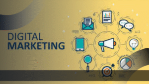Ilustrasi konsep digital marketing dengan ikon-ikon strategi seperti email, grafik data, percakapan, dan target, menggambarkan solusi cerdas pemasaran bisnis di era digital.