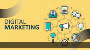 Ilustrasi digital marketing dengan ikon strategi pemasaran online, mencerminkan Peran Product Specialist dalam menghubungkan produk dengan strategi digital.
