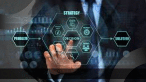 Tangan seorang profesional menyentuh antarmuka digital transparan yang menampilkan alur strategi pengambilan keputusan—dari identifikasi masalah hingga solusi—dengan elemen seperti data, analisis, target, dan tim. Visual futuristik ini menggambarkan kompleksitas proses bisnis modern dan menekankan alasan kuat mengapa perusahaan butuh Product Specialist untuk mengarahkan keputusan strategis berbasis data.
