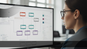 Foto profil samping seorang wanita profesional mengenakan kacamata, sedang fokus menatap layar monitor besar yang menampilkan diagram alur (flowchart) kompleks dengan kotak-kotak berwarna.