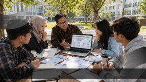 Dosen dan mahasiswa berdiskusi tentang laporan audit akademik menggunakan laptop di area kampus.